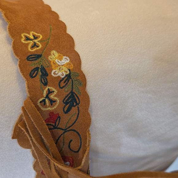Embroidered Tan Belt with Fringe 37.5" Long - Picture 2 of 6